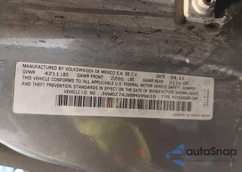 2011 Volkswagen Jetta 2.5L Se z USA, uszkodzony, nr VIN 3VWDZ7AJ8BM099610